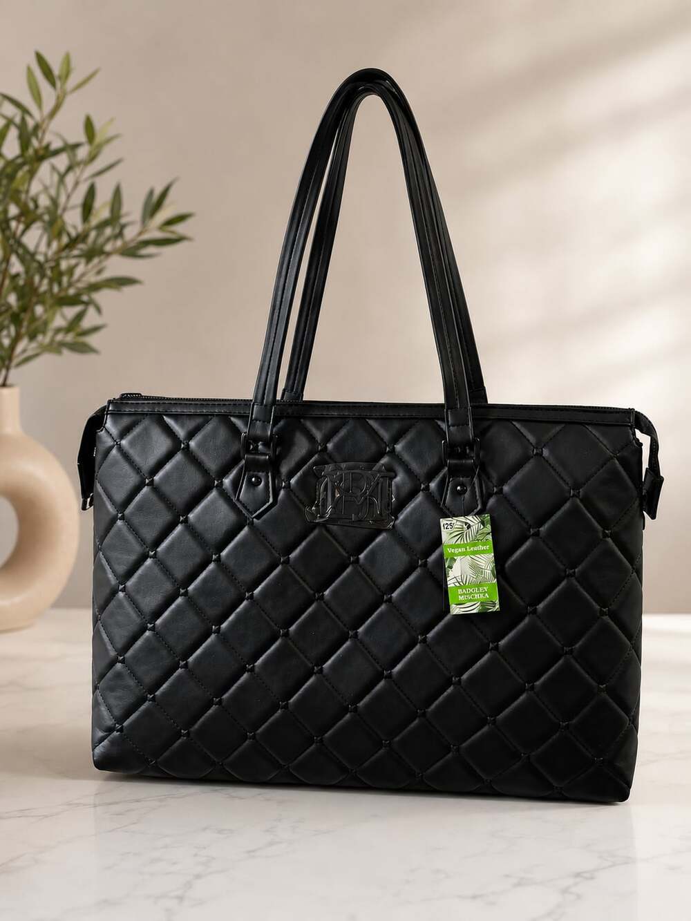 Badgley Mischka Black Quilted Vegan Leather Large Tote Bag